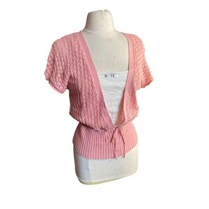 Womens Pink Crochet‎ Knit Tie Waist Cardigan Top